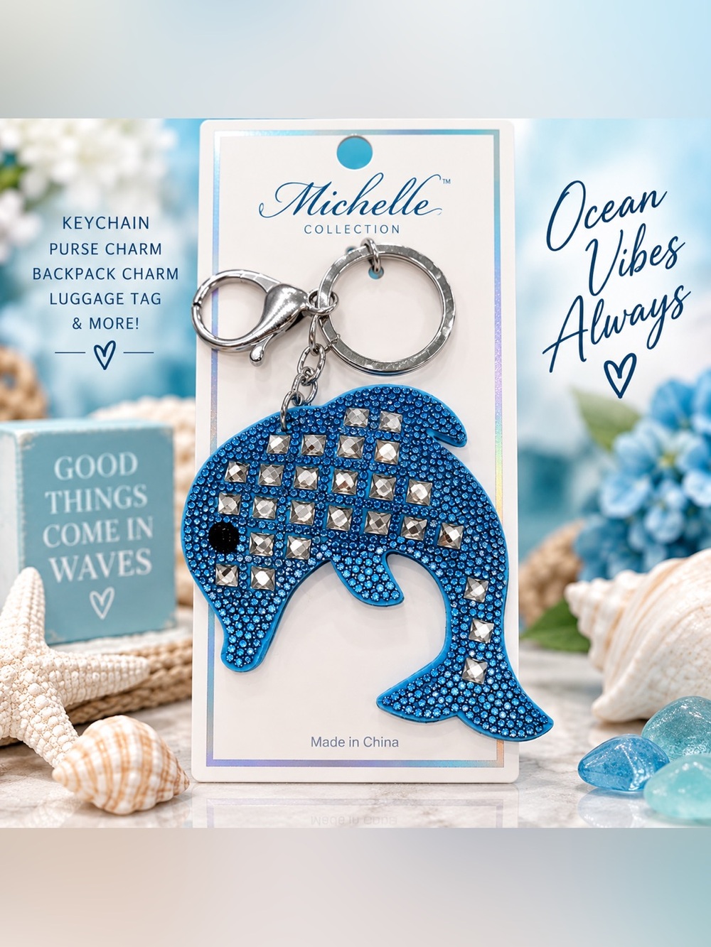 Michelle Collection Blue Rhinestone Dolphin Keychain Purse Bag Charm Bling NWT